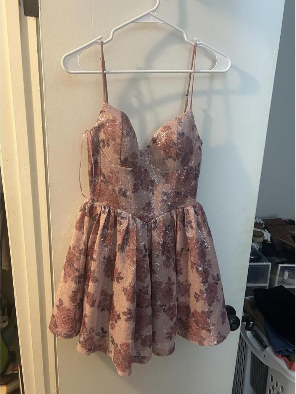 Lovesome pink floral, sequin fit and flare mini dress with sequins, size S